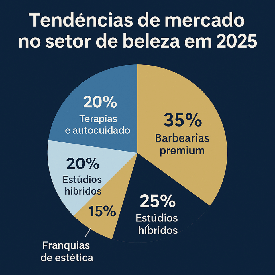 Gráfico de pizza mostrando as principais tendências do setor de beleza em 2025: barbearias premium (35%), estúdios híbridos (25%), terapias e autocuidado (20%) e franquias de estética (15%).