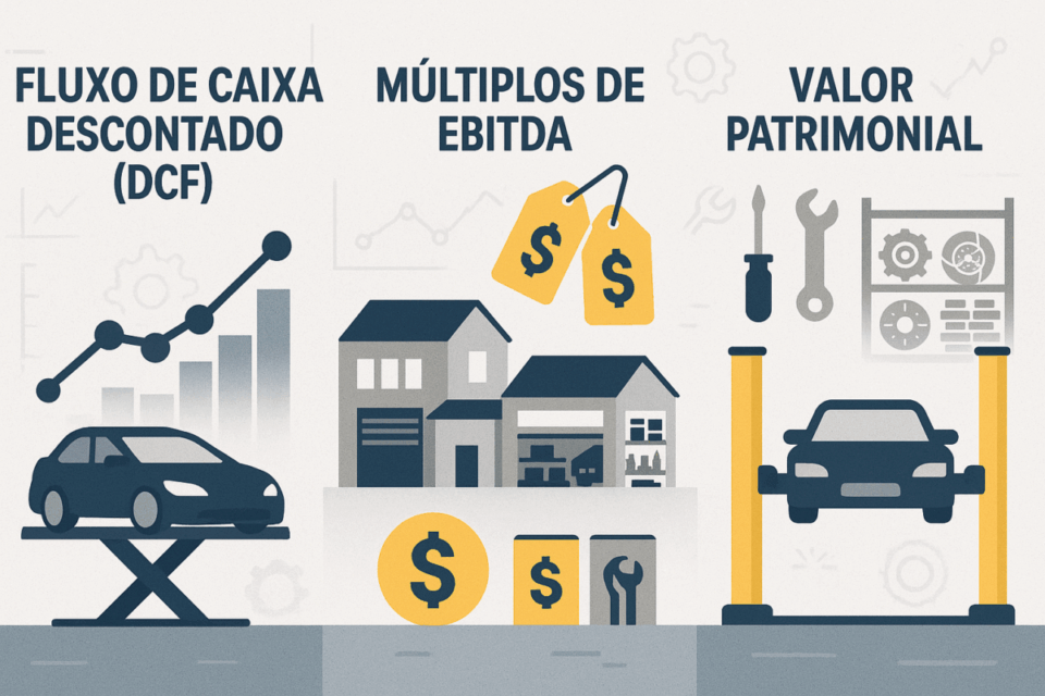 Infográfico mostrando três métodos de valuation para empresas do setor automotivo: fluxo de caixa descontado, múltiplos de EBITDA e valor patrimonial, com ícones de carros, prédios comerciais e equipamentos de oficina.
como avaliar uma empresa do setor automotivo