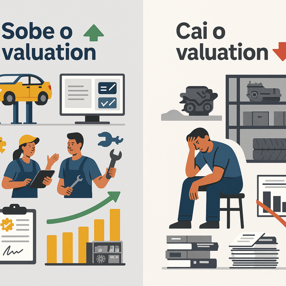 Infográfico dividido em dois lados mostrando fatores que aumentam o valuation de empresas do setor automotivo, como oficina organizada e equipe alinhada, e fatores que reduzem o valuation, como desorganização, estresse e resultados em queda.