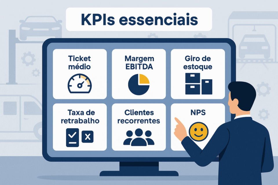 Infográfico em formato de dashboard mostrando KPIs essenciais para avaliar empresas do setor automotivo, como ticket médio, margem EBITDA, giro de estoque, taxa de retrabalho, clientes recorrentes e NPS.