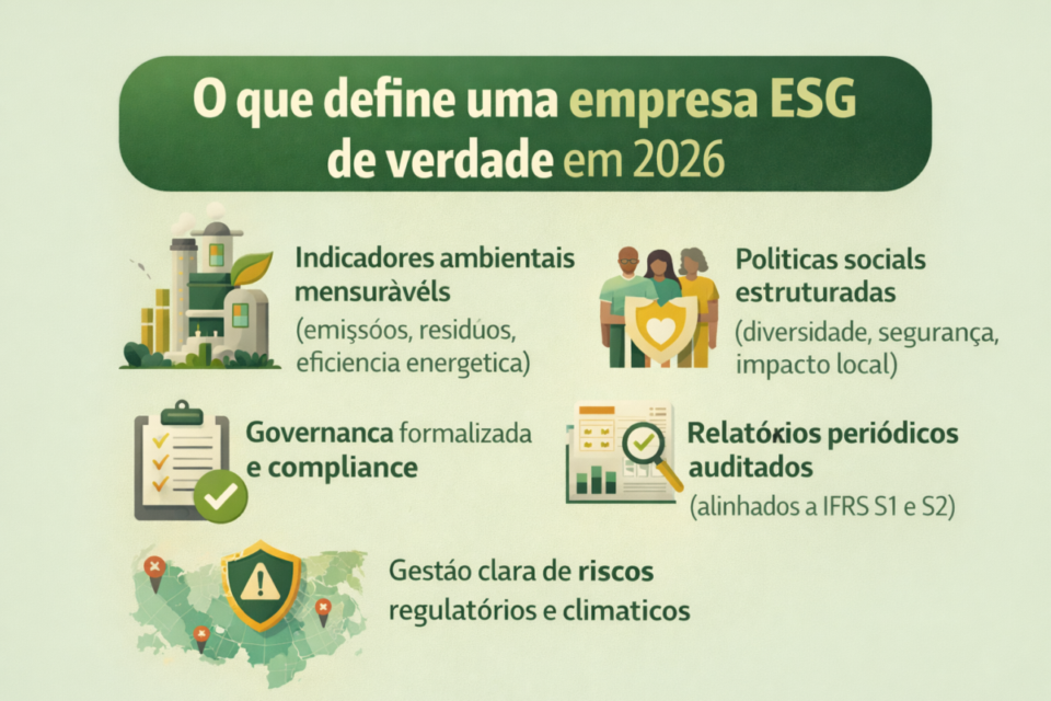 Infográfico mostrando o que define uma empresa ESG de verdade em 2026, com indicadores ambientais mensuráveis, políticas sociais estruturadas, governança, relatórios auditados e gestão de riscos.