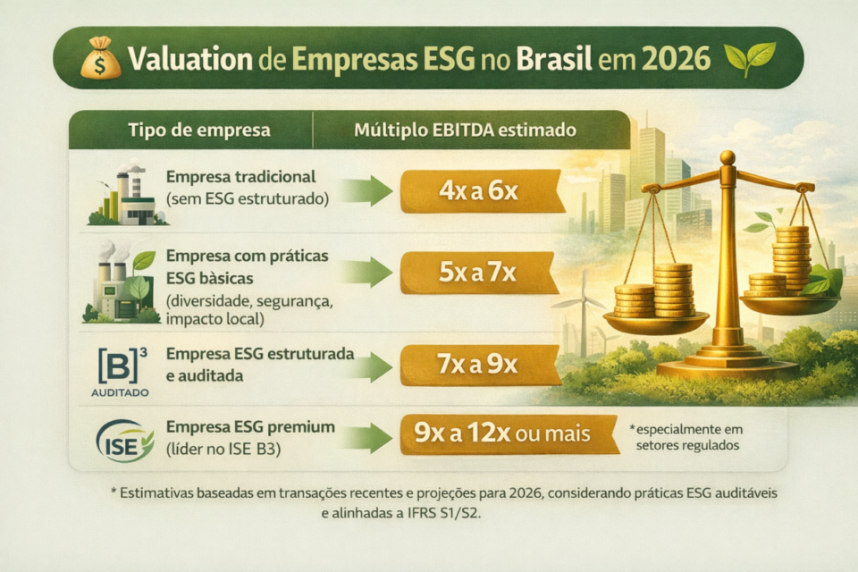 Infográfico com os múltiplos de EBITDA que mostram quanto vale uma empresa ESG no Brasil em 2026, comparando empresas tradicionais, ESG básicas, ESG estruturadas e ESG premium.