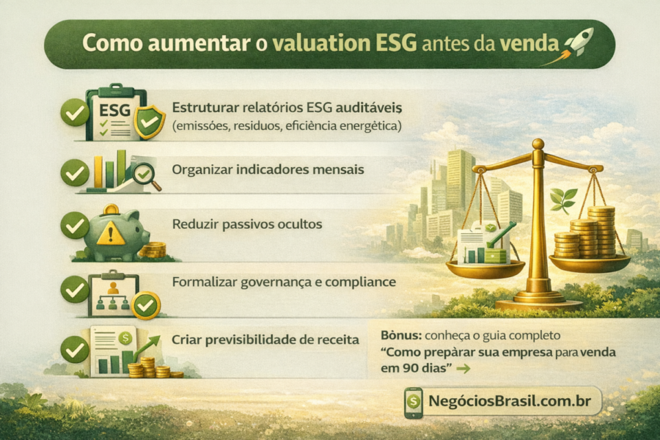 Infográfico mostrando como aumentar o valuation ESG antes da venda, com ações como relatórios auditáveis, governança, redução de passivos e previsibilidade de receita.
