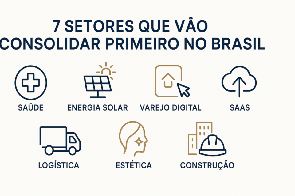 Infográfico com os 7 setores que vão consolidar primeiro no Brasil em 2026: saúde, energia solar, varejo digital, SaaS, logística, estética e construção.
