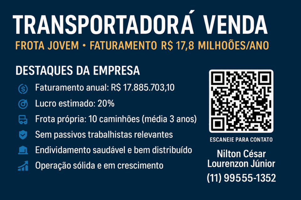 🚚 TRANSPORTADORA À VENDA – FROTA JOVEM • FATURAMENTO R 17,8 MILHÕES/ANO