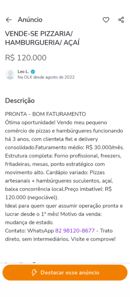 Pizzaria e hambúrgueria vende se