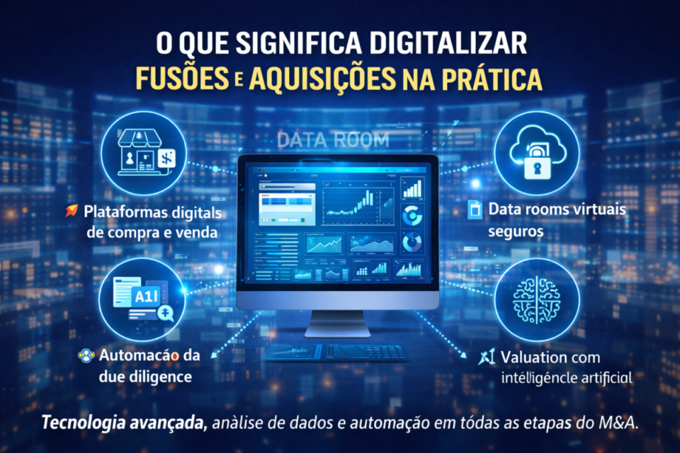Infográfico explicando o que significa digitalizar fusões e aquisições na prática, com plataformas digitais, data rooms virtuais, automação da due diligence e valuation com inteligência artificial