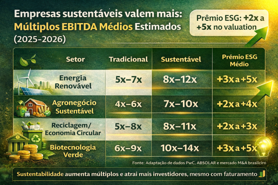 Comparação dos múltiplos de EBITDA entre empresas sustentáveis e tradicionais no Brasil em 2026, destacando o prêmio ESG por setor