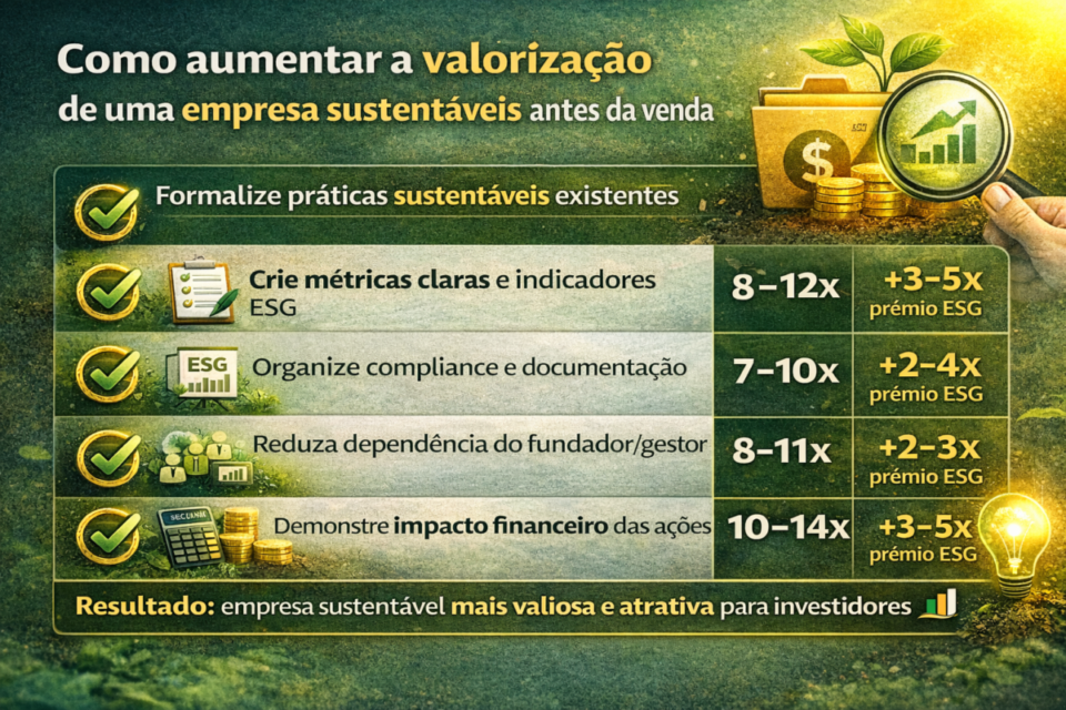 Checklist visual com estratégias para aumentar a valorização de uma empresa sustentável antes da venda, destacando métricas ESG, governança e impacto financeiro