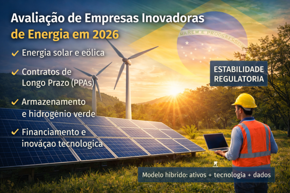 Avaliação de empresas inovadoras de energia em 2026 com foco em energia solar, eólica, contratos de longo prazo e estabilidade regulatória