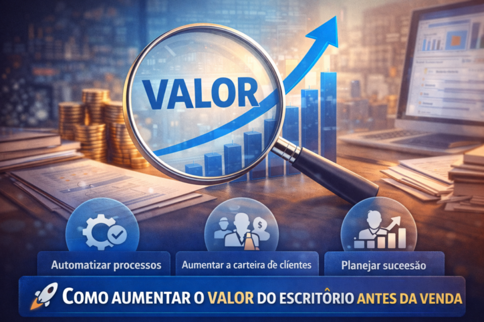 Estratégias para aumentar o valor de um escritório de contabilidade antes da venda em 2026, com foco em automação, crescimento da carteira de clientes e planejamento de sucessão