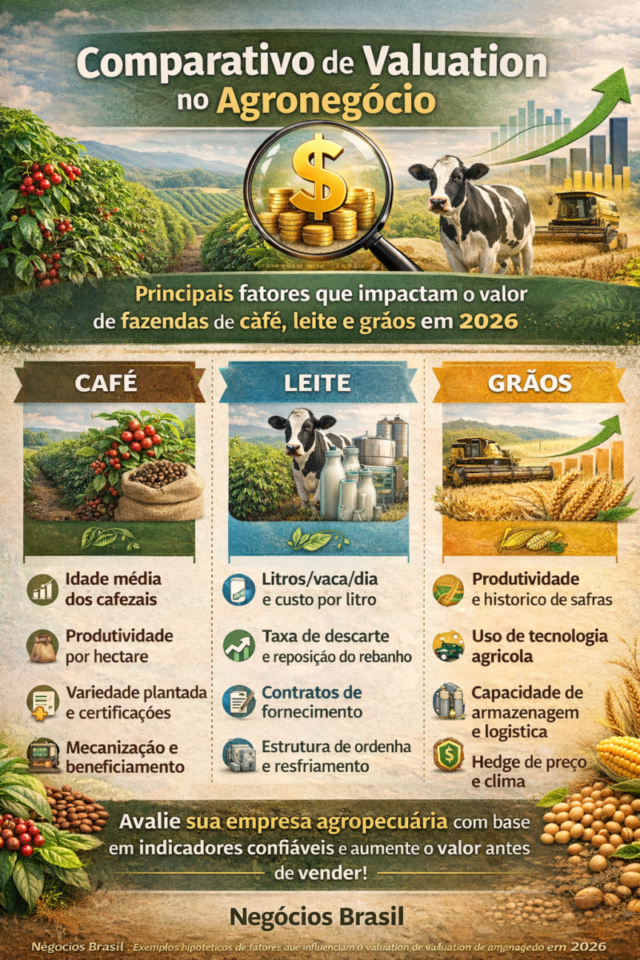 Infográfico comparativo de valuation no agronegócio mostrando fatores que impactam o valor de empresas de café, leite e grãos em 2026