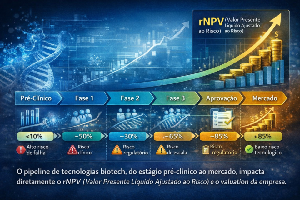 Pipeline de tecnologias em biotecnologia do estágio pré-clínico ao mercado, mostrando impacto do rNPV e dos riscos no valuation da empresa