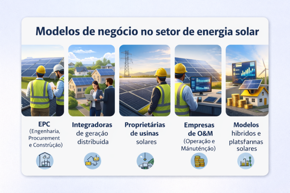 Modelos de negócio no setor de energia solar em 2026, incluindo EPC, integradoras de geração distribuída, proprietárias de usinas solares, empresas de O&M e plataformas solares.

avaliar uma empresa de energia solar