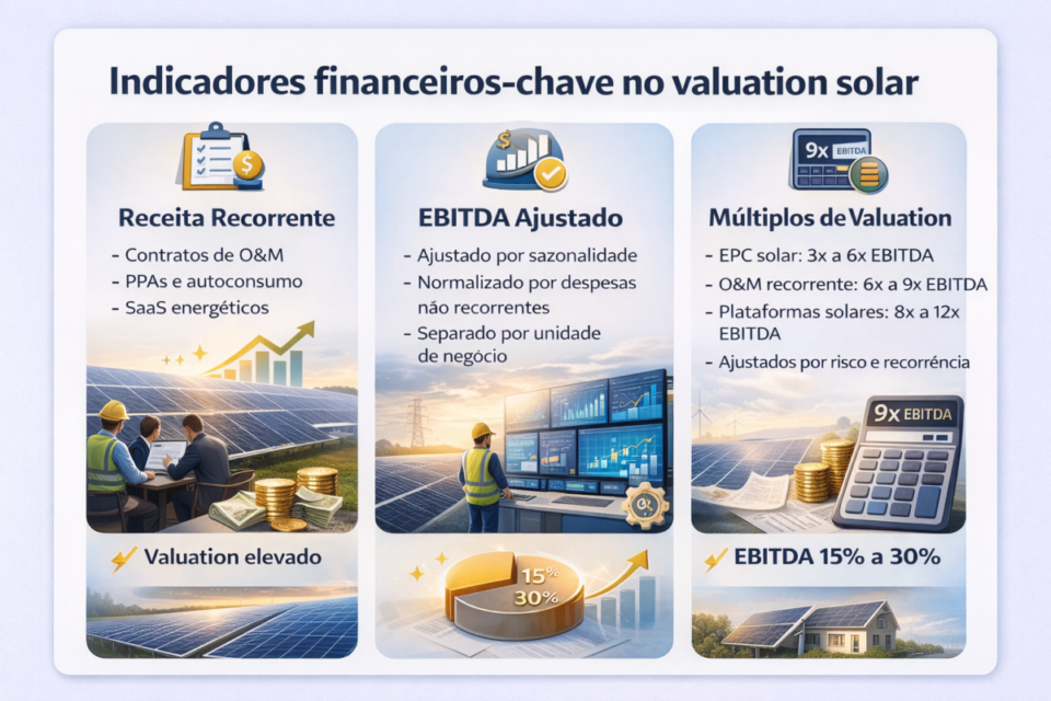 Indicadores financeiros usados para avaliar empresa de energia solar em 2026, destacando receita recorrente, EBITDA ajustado e múltiplos de valuation no setor fotovoltaico.