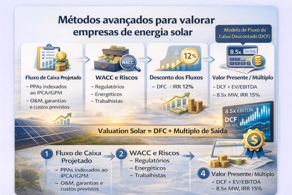 Métodos avançados para avaliar empresa de energia solar em 2026, com fluxo de caixa descontado (DCF), WACC, riscos regulatórios e múltiplos de EBITDA no valuation solar.