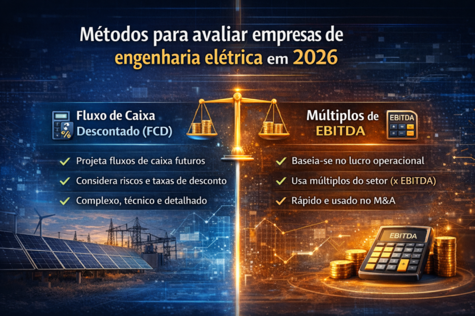Infográfico comparando os métodos de Fluxo de Caixa Descontado e Múltiplos de EBITDA na avaliação de empresas de engenharia elétrica em 2026