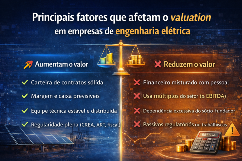 Infográfico mostrando os principais fatores que aumentam ou reduzem o valor de uma empresa de engenharia elétrica em 2026, como contratos recorrentes, margem EBITDA, dependência técnica, compliance e riscos regulatórios