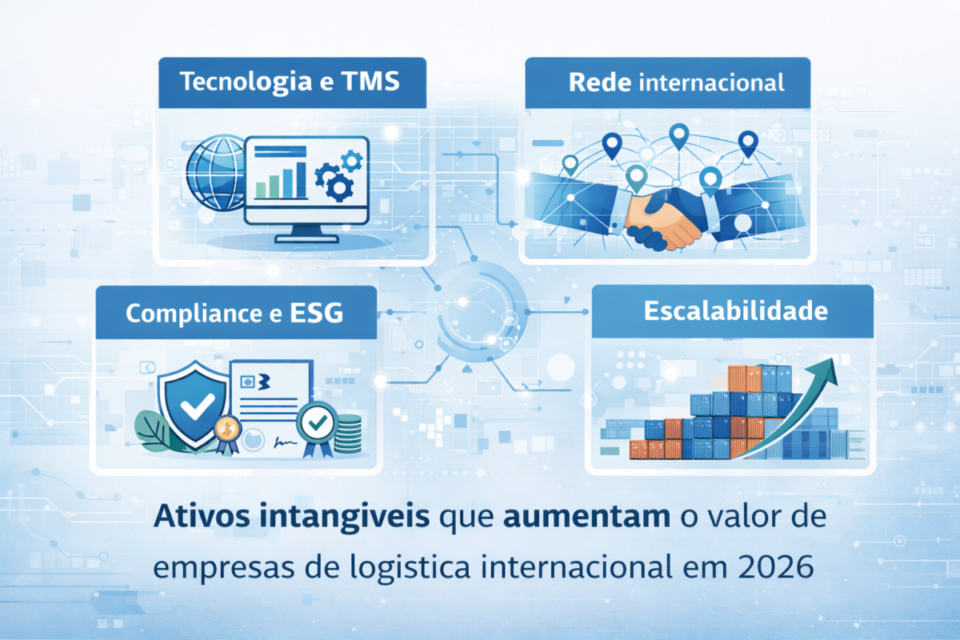 Ativos intangíveis que aumentam o valor de empresas de logística internacional em 2026, incluindo tecnologia e TMS, rede internacional, compliance, ESG e escalabilidade.