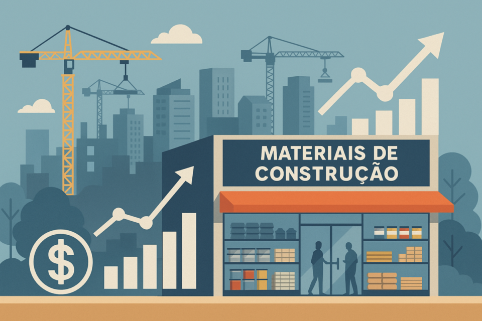 Ilustração do mercado brasileiro de materiais de construção em 2026 com loja, obras urbanas e indicadores de crescimento econômico