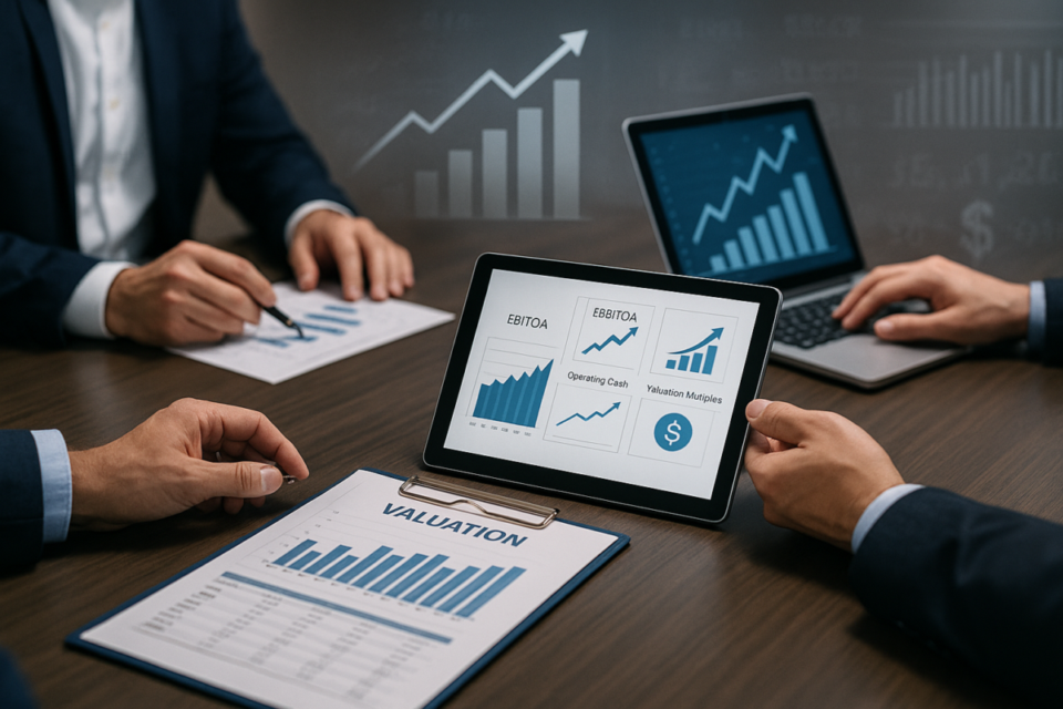 Executivos analisando EBITDA, fluxo de caixa e múltiplos de valuation em reunião de avaliação de empresa de materiais de construção