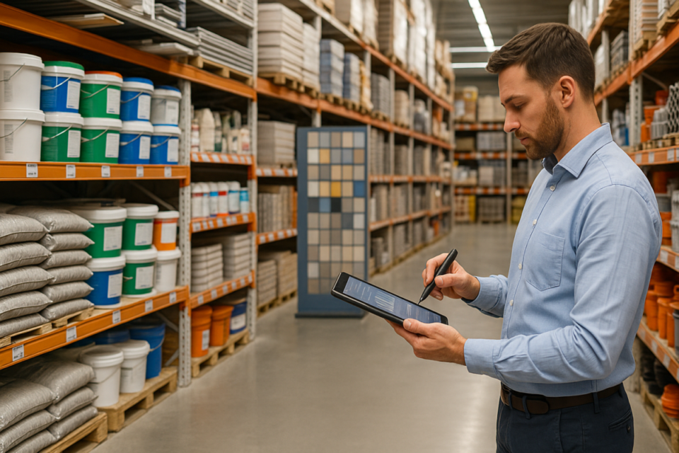 Gestor controlando estoque de materiais de construção em loja organizada durante processo de avaliação da empresa. avaliar uma empresa de materiais de construção