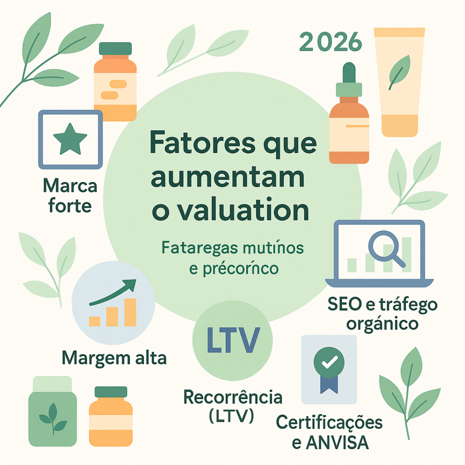 Infográfico sobre fatores que aumentam o valuation de empresas de produtos naturais em 2026, com ícones de marca forte, margem alta, recorrência LTV, SEO e tráfego orgânico, certificações e ANVISA.