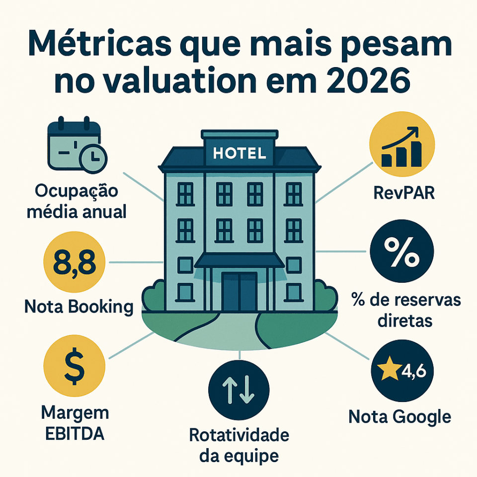 Infográfico mostrando hotel cercado por ícones das principais métricas que mais pesam no valuation em 2026, como ocupação, RevPAR, reservas diretas, notas no Booking e Google, margem EBITDA e rotatividade da equipe