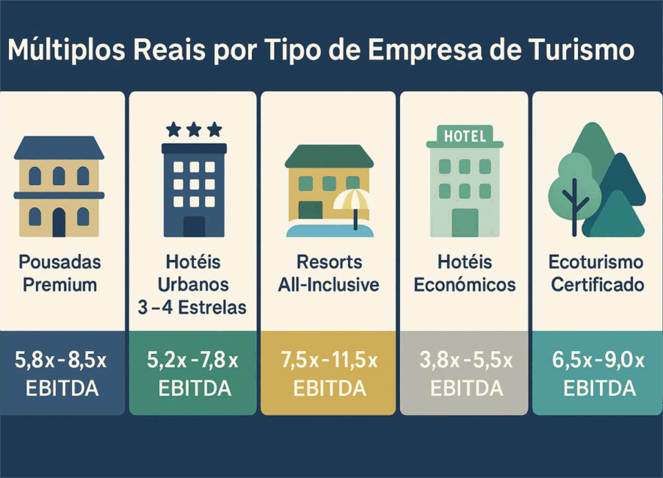 Infográfico comparando múltiplos de valuation por tipo de empresa de turismo, com ícones de pousadas premium, hotéis urbanos, resorts all-inclusive, hotéis econômicos e ecoturismo certificado