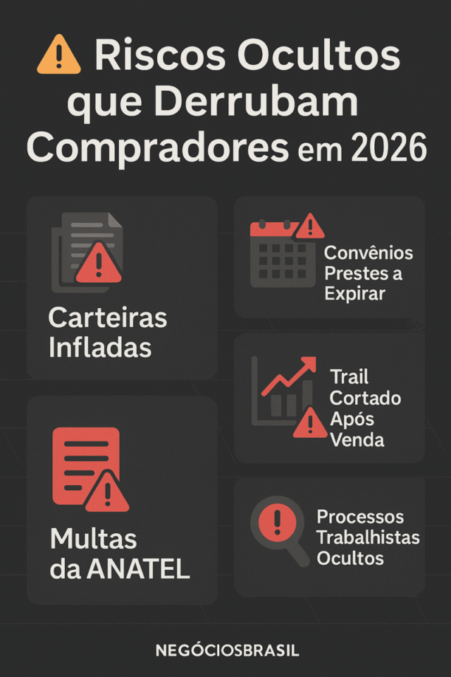 Infográfico mostrando os principais riscos ocultos ao comprar empresa de crédito consignado em 2026, incluindo carteiras infladas, convênios prestes a expirar, trail cortado após venda, multas da ANATEL e processos trabalhistas ocultos.