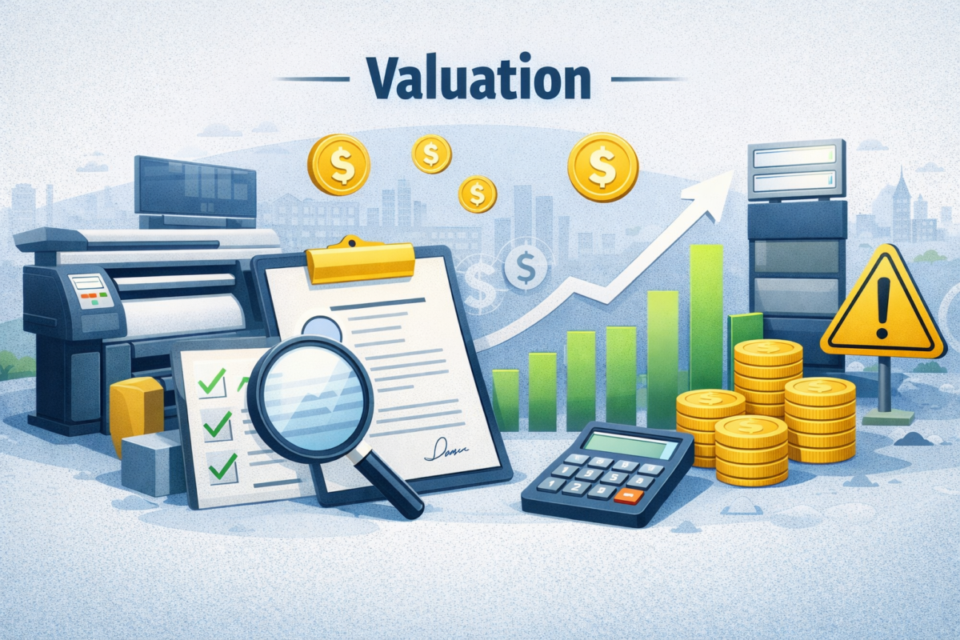 Ilustração sobre valuation de empresa de comunicação visual e sinalização, com gráficos de crescimento, análise financeira, contratos, máquinas de impressão e cálculo de EBITDA.