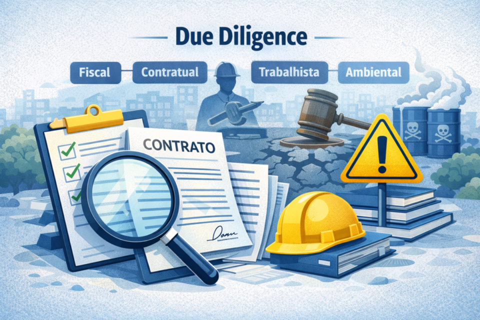 Ilustração de due diligence ao comprar empresa de comunicação visual ou sinalização, com análise fiscal, contratual, trabalhista e ambiental, documentos, checklist e alerta de riscos.