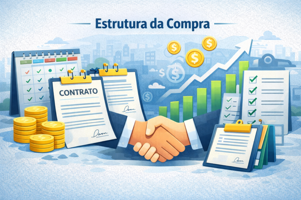 Ilustração sobre estruturação da compra de empresa de comunicação visual ou sinalização, com negociação, contrato, calendário de pagamento, checklist e gráfico de crescimento.
comprar uma empresa de comunicação visual