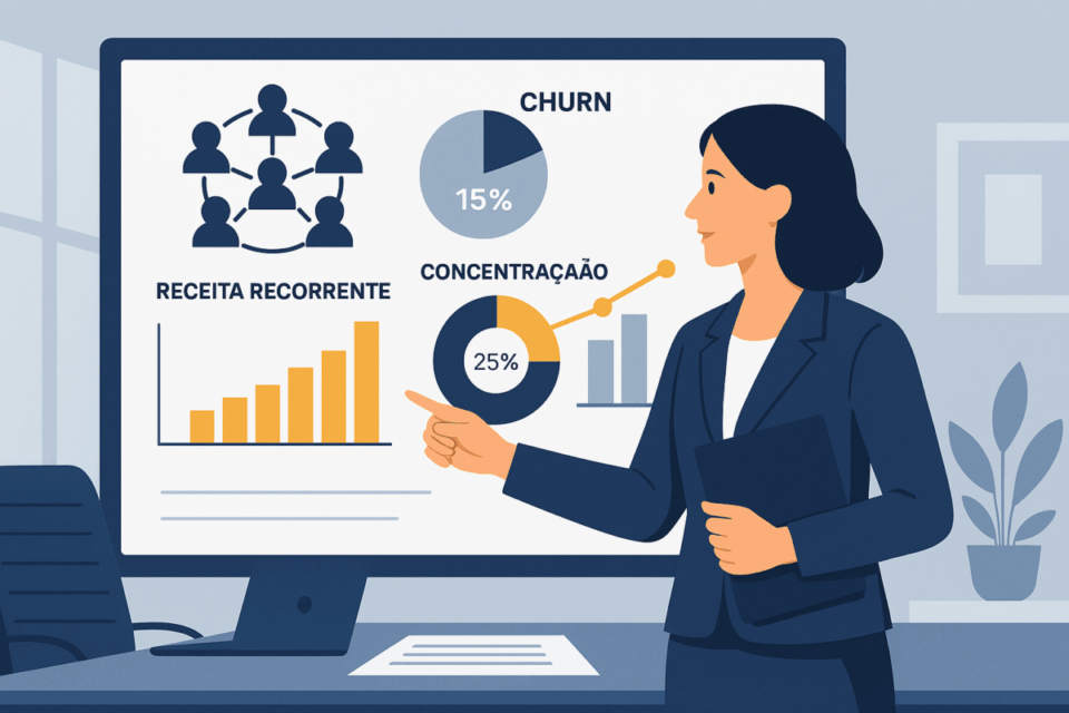 Executiva analisando em um monitor gráficos de receita recorrente, churn e concentração de clientes em uma empresa de consultoria