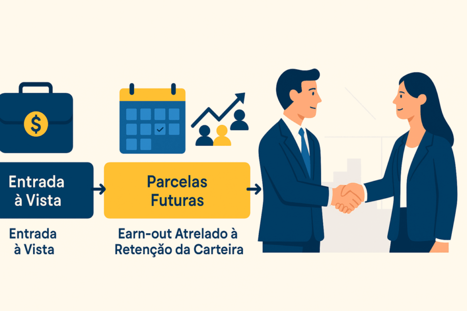 Ilustração mostrando a estrutura de pagamento na compra de uma empresa de consultoria com entrada à vista, parcelas futuras e earn-out atrelado à retenção da carteira
como comprar uma empresa de consultoria