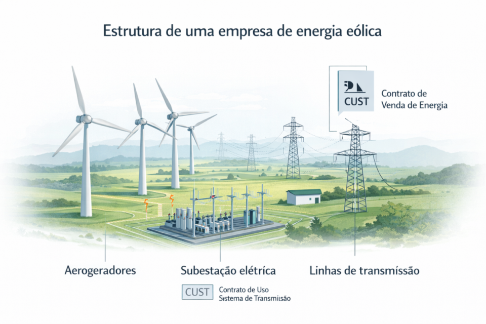 Ilustração da estrutura de uma empresa de energia eólica com aerogeradores, subestação elétrica e linhas de transmissão.