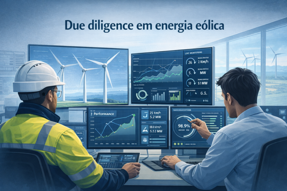 Ilustração de due diligence em empresa de energia eólica com análise de desempenho de aerogeradores, gráficos e indicadores técnicos.