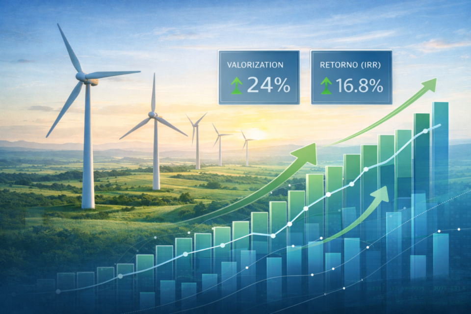 Gráfico de crescimento e valorização do investimento em empresa de energia eólica com parque eólico ao fundo.
