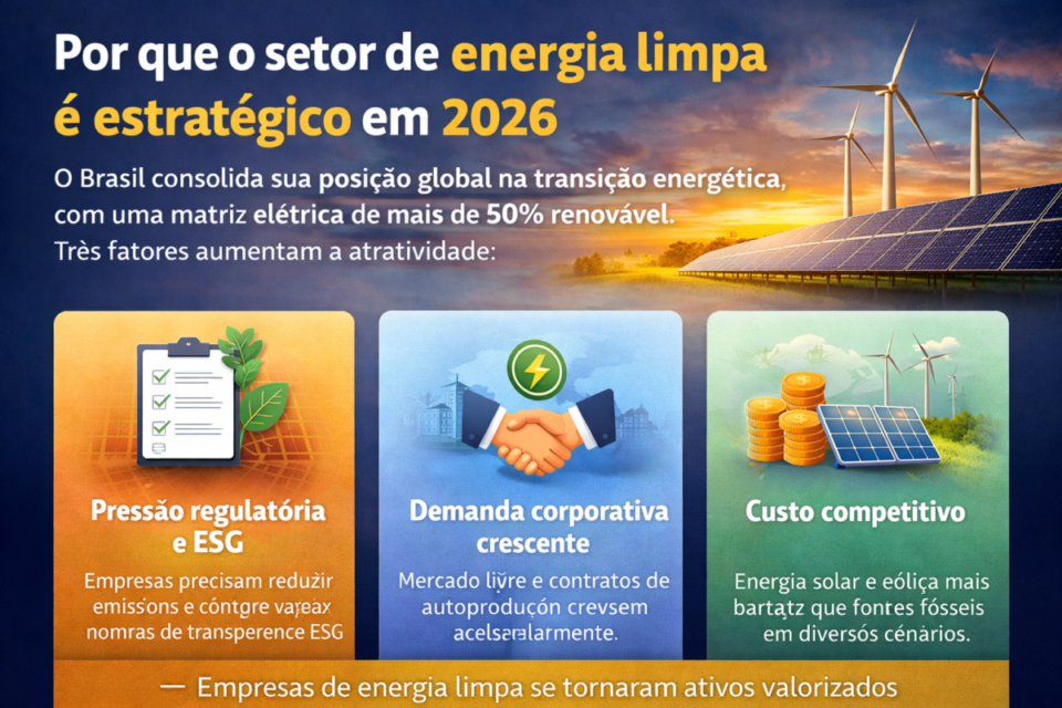 Infográfico mostrando por que o setor de energia limpa é estratégico em 2026, com destaque para ESG, demanda corporativa e custo competitivo no Brasil