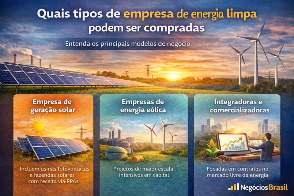 Infográfico mostrando os principais tipos de empresas de energia limpa que podem ser compradas, como geração solar, energia eólica e integradoras no Brasil