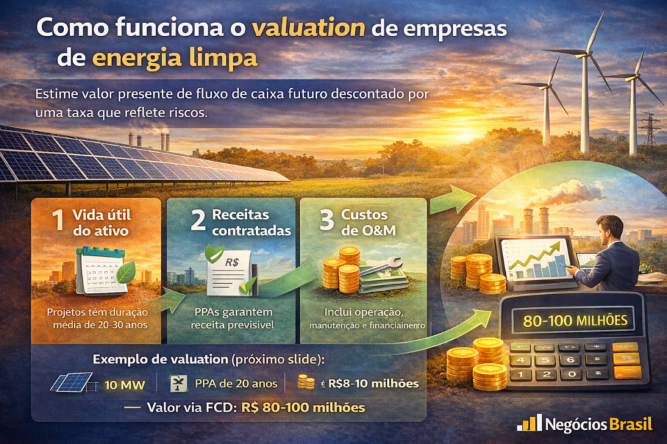 Infográfico explicando como funciona o valuation de empresas de energia limpa, considerando fluxo de caixa descontado, contratos PPA e custos operacionais

comprar uma empresa de energia limpa