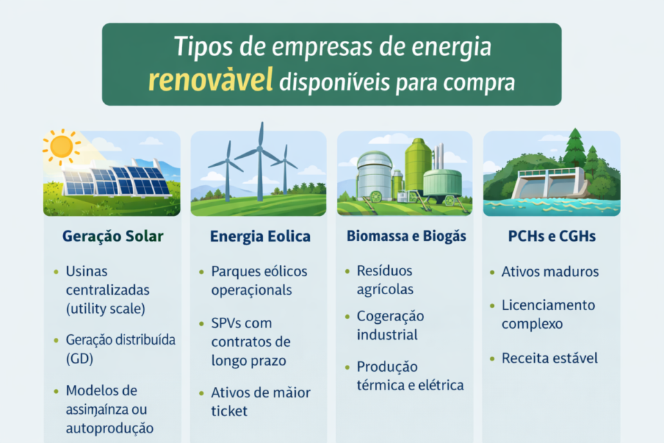 Tipos de empresas de energia renovável disponíveis para compra no Brasil em 2026, incluindo geração solar, energia eólica, biomassa, biogás, PCHs e CGHs.