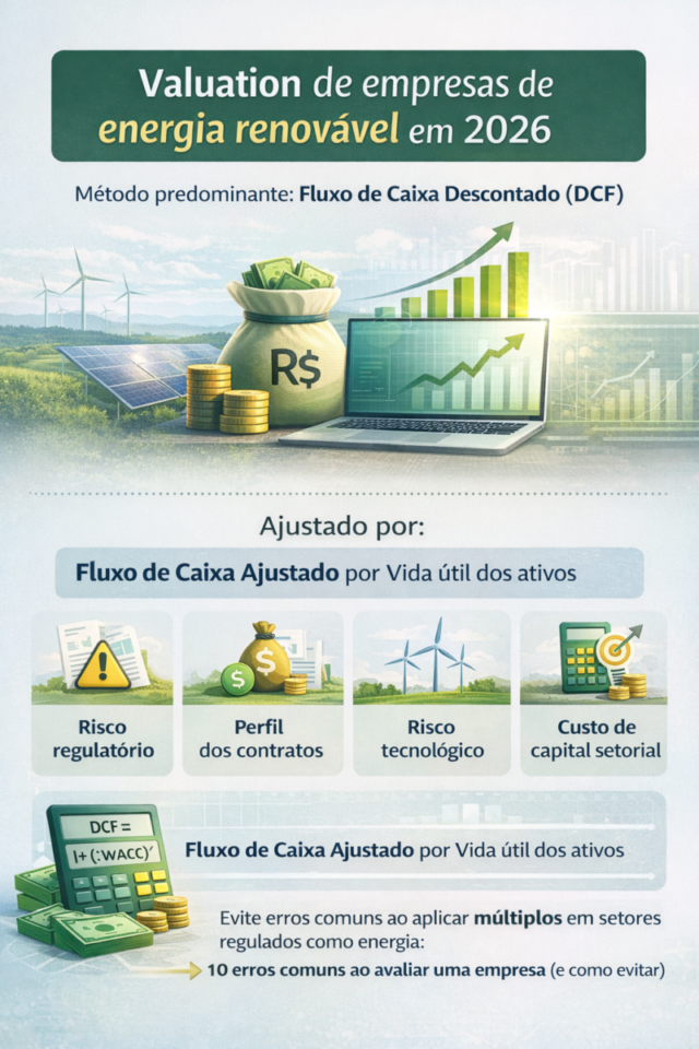 Valuation de empresas de energia renovável no Brasil em 2026, com foco no método de fluxo de caixa descontado, riscos regulatórios, contratos, tecnologia e custo de capital.