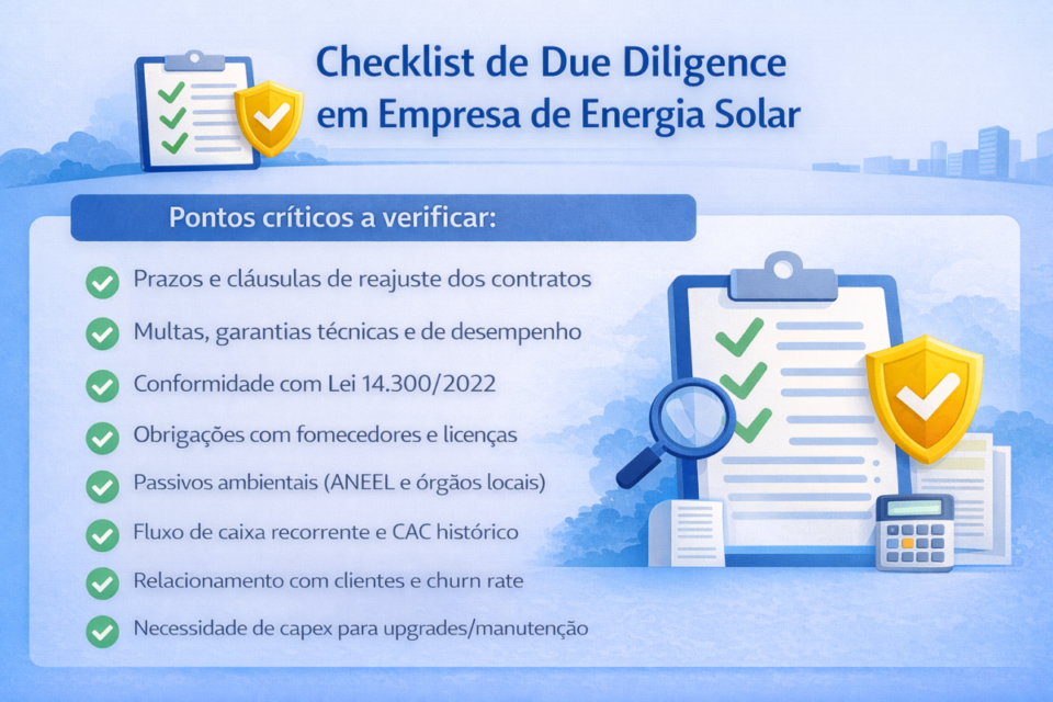 Checklist de due diligence para compra de empresa de energia solar em 2026, com foco em contratos, riscos regulatórios, indicadores financeiros e conformidade legal