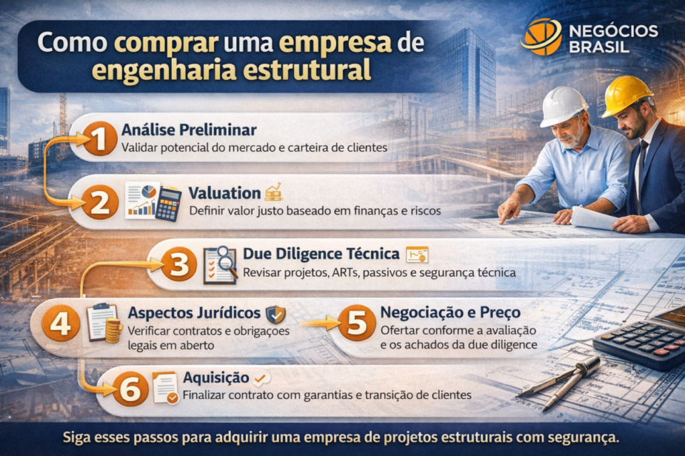 Passo a passo para comprar uma empresa de engenharia estrutural em 2026, incluindo análise preliminar, valuation, due diligence técnica, aspectos jurídicos, negociação e aquisição