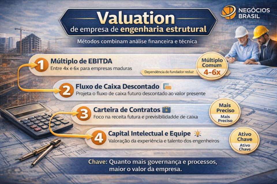 Infográfico sobre valuation de empresa de engenharia estrutural em 2026, mostrando múltiplo de EBITDA, fluxo de caixa descontado, carteira de contratos e capital intelectual da equipe