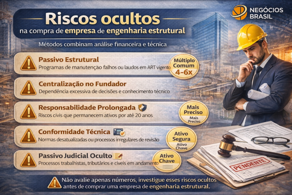 Checklist de riscos ocultos ao comprar uma empresa de engenharia estrutural em 2026, incluindo passivo estrutural, dependência do fundador, responsabilidade civil prolongada, conformidade técnica e passivos judiciais