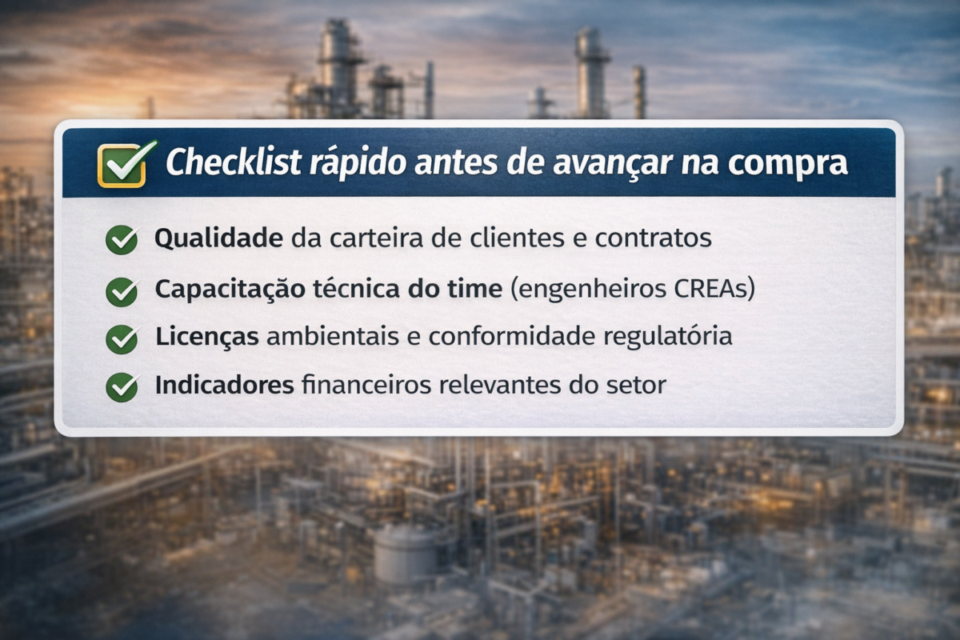 Checklist com os principais pontos para avaliar antes de comprar uma empresa de engenharia química, incluindo carteira de clientes, equipe técnica, licenças ambientais e indicadores financeiros.
