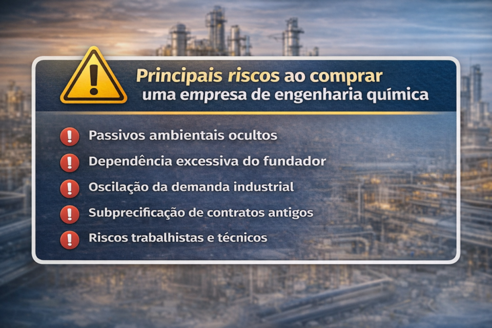 Infográfico com os principais riscos ao comprar uma empresa de engenharia química, incluindo passivos ambientais, dependência do fundador, oscilações da demanda e riscos trabalhistas.