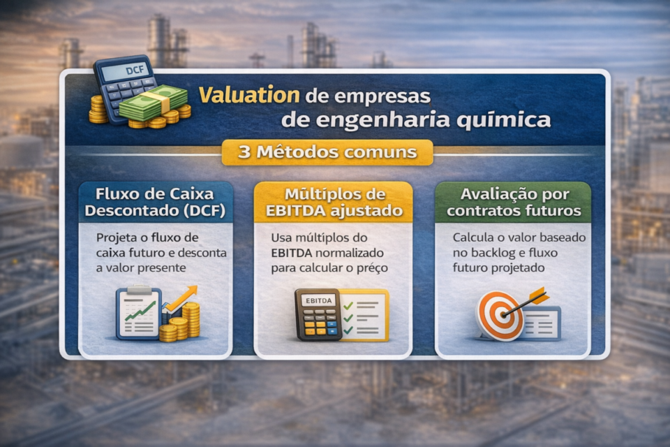Infográfico explicando os métodos de valuation de empresas de engenharia química, incluindo fluxo de caixa descontado, múltiplos de EBITDA ajustado e avaliação por contratos futuros.